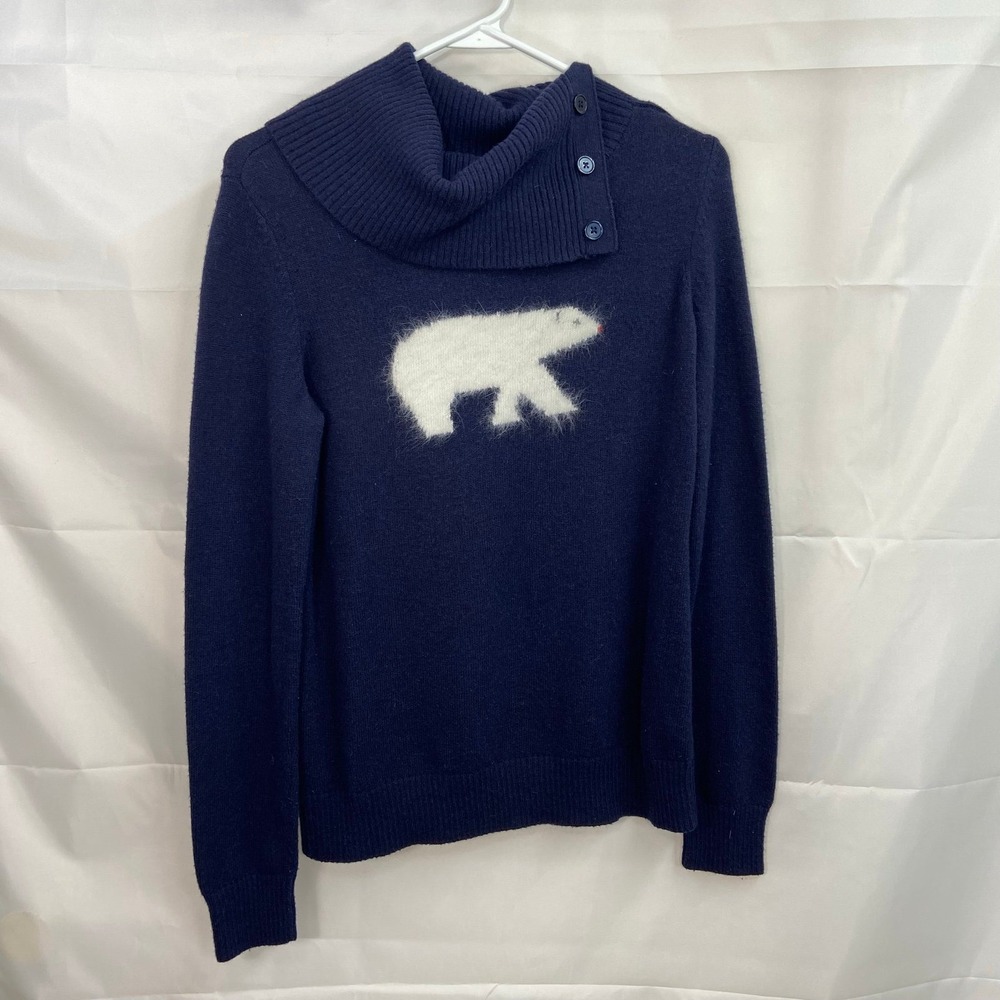 Talbots women's navy polar bear cowl‎ neck button soft lambswool sweater small